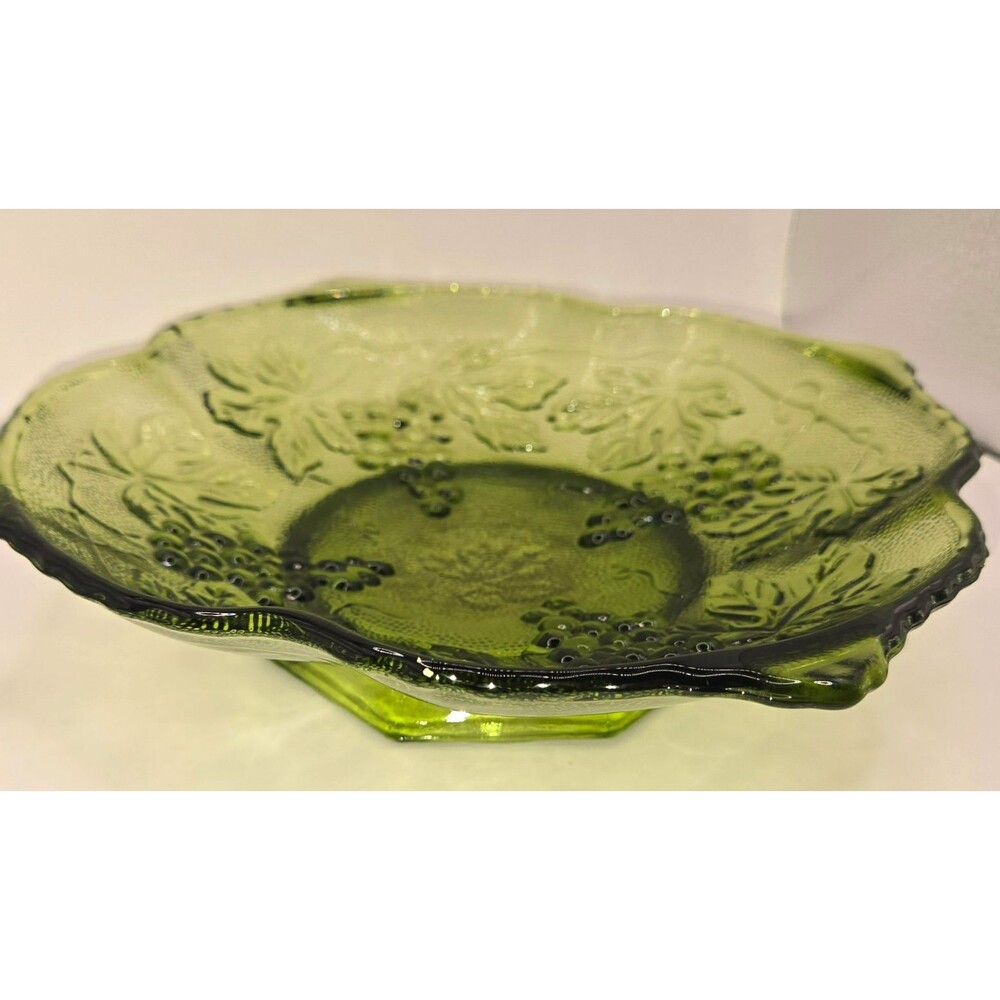 Vintage Olive Green Pressed Glass Grape & Vine Footed Fruit Bowl - 9" Scalloped